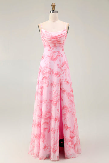 Pink Floral Cowl Neck A Line Maxi Dress with Slit